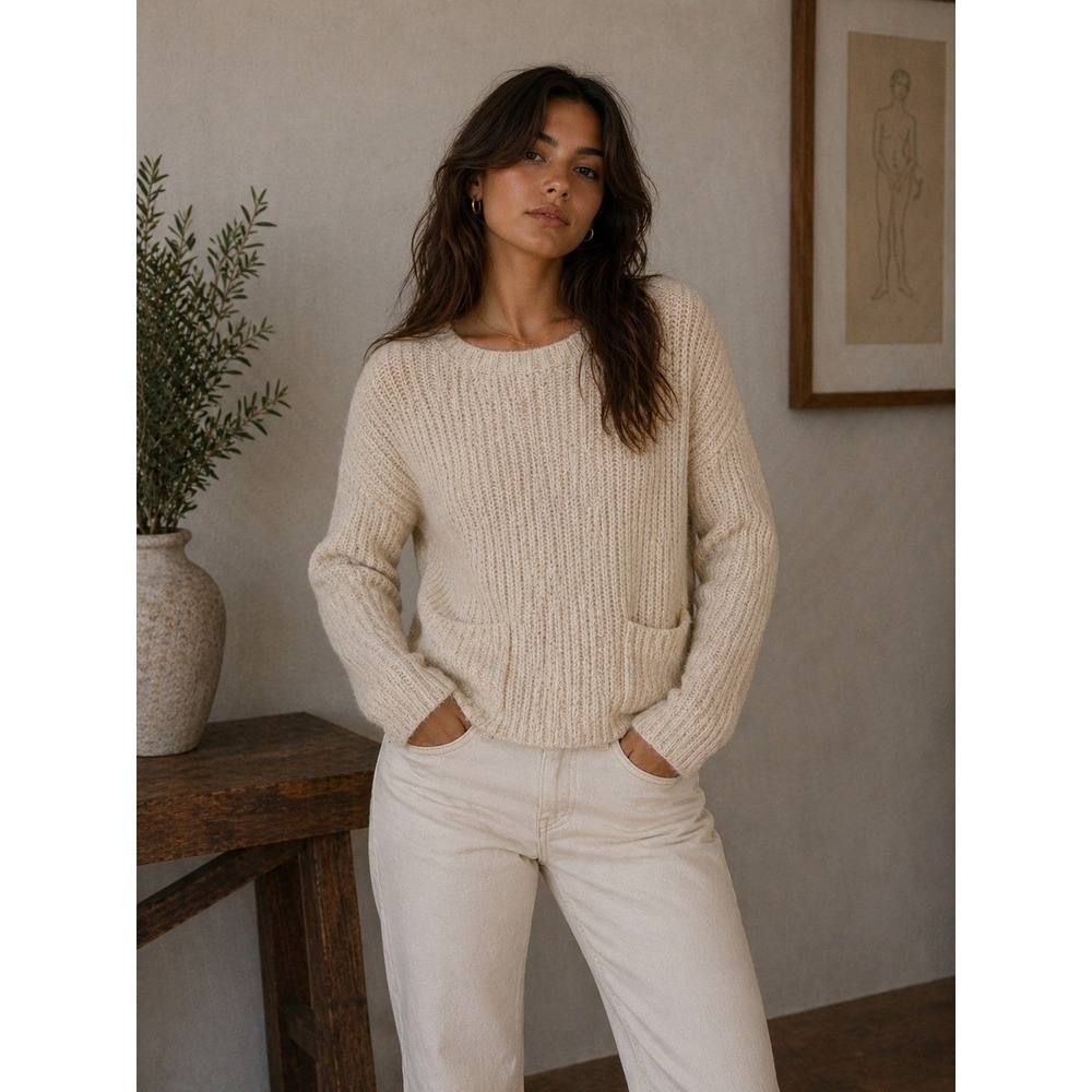 Ryu Sweater Womens Small Medium Beige‎ Fuzzy Ribbed Knit Pocket Anthropologie